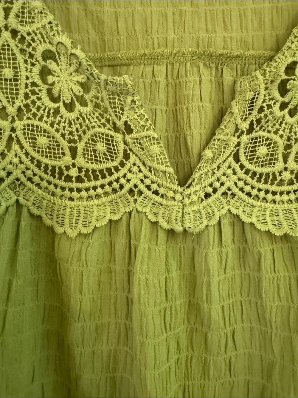 Crochet-Trim V-Neck Tunic in Olive Green